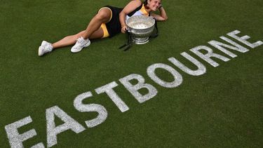 Russia's Daria Kasatkina poses with the trophy after winning against Canada's Leylah Fernandez during their women's singles final tennis match at the Rothesay Eastbourne International tennis tournament in Eastbourne, southern England, on June 29, 2024. Kasatkina won the match 6-3, 6-4.
Glyn KIRK / AFP
