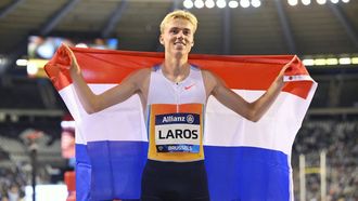 Netherlands' Niels Laros celebrates after winning the Men's 1500m event of the Diamond League athletics meeting at the King Baudouin Stadium in Brussels on August 22, 2025. 
JOHN THYS / AFP
