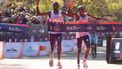Kenyans Benson Kipruto (L) and Alexander Mutiso celebrate taking first and second place respectively in the New York Marathon in New York on November 2, 2025. 
CHARLY TRIBALLEAU / AFP