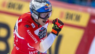 epa12655302 Marco Odermatt of Switzerland reacts in the finish area during the men's Downhill race at the Alpine Skiing FIS Ski World Cup, in Wengen, Switzerland, 17 January 2026.  EPA/PETER SCHNEIDER