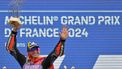 Race winner Prima Pramac Racing's Spanish rider Jorge Martin hold his trophy as he celebrates on the podium of the French MotoGP Grand Prix race at the Bugatti circuit in Le Mans, northwestern France, on May 12, 2024. 
LOU BENOIST / AFP