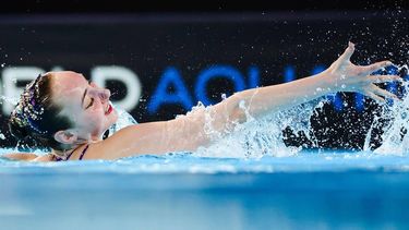 epa11319330 Marloes Steenbeek from the Netherlands in action during the Women Solo Free competition of the Artistic Swimming World Cup event held at the Olympic Aquatics Center built for the Paris 2024 Games in Saint Denis, (Paris Suburbs) France, 05 May 2024. Between 03 and 10 May, 35 nations will compete in the different events organized at the Saint Denis Olympic Aquatic Center in view of the Paris 2024 Olympic Games.  EPA/Teresa Suarez
