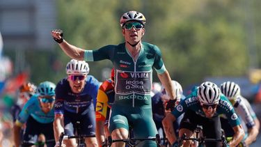 epa11561791 Belgian Visma Lease a Bike cyclist Wout van Aert celebrates his victory in the seventh stage stage of the La Vuelta a Espana cycling race, over 180.5km km from Archidona to Cordoba, Spain, 23 August 2024.  EPA/JAVIER LIZON