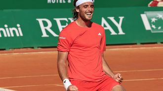 Greece's Stefanos Tsitsipas celebrates after winning at the end of his Monte Carlo ATP Masters Series Tournament final tennis match against Norway's Casper Ruud on the Rainier III court at the Monte Carlo Country Club on April 14, 2024. 
Valery HACHE / AFP