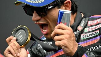 Aprilia Racing's Spanish rider Jorge Martin celebrates on the podium after winning the Moto GP Grand Prix of France Sprint race at Le Mans, northwestern France, on May 9, 2026. 
Loic VENANCE / AFP