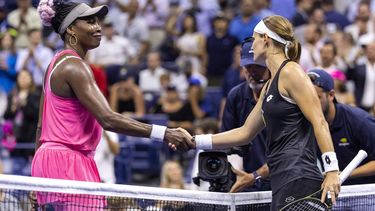 2023-08-30 02:51:57 Belgium's Greet Minnen (R) greets USA's Venus Williams at the net following Minnen's victory during the US Open tennis tournament women's singles first round match at the USTA Billie Jean King National Tennis Center in New York City, on August 29, 2023. 
COREY SIPKIN / AFP