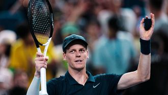 epa12429856 Jannik Sinner of Italy reacts after winning in his men's Singles match against Daniel Altmaier of Germany at the Shanghai Masters tennis tournament in Shanghai, China, 04 October 2025.  EPA/ALEX PLAVEVSKI