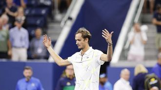 epa07811848 Danill Medvedev of Russia encourages the cheers and boos of the fans after his victory over Dominik Koepfer of Germany during their match on the seventh day of the US Open Tennis Championships at the USTA National Tennis Center in Flushing Meadows, New York, USA, 01 September 2019. The US Open runs from 26 August through 08 September.  EPA/JUSTIN LANE