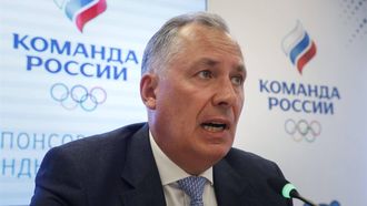 epa10901144 Russian Olympic Committee President Stanislav Pozdnyakov speaks during the meeting of the Executive Committee of the Russian Olympic Committee (ROC) at its headquarters in Moscow, Russia, 05 October 2023. During the meeting, international activities of the Russian Olympic Committee in 2022/2023, as well as compensation cash payments to athletes deprived of the opportunity to participate in international sports competitions are discussed.  EPA/YURI KOCHETKOV
