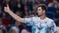 2023-10-14 17:55:54 epa10918405 Hubert Hurkacz of Poland reacts after winning the semi final match against Sebastian Korda of the USA at the Shanghai Masters tennis tournament, Shanghai, China, 14 October 2023.  EPA/ALEX PLAVEVSKI