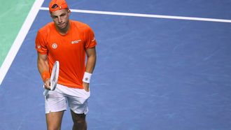 Netherlands' Tallon Griekspoor takes a ball from his pocket as he plays against Italy's Jannik Sinner during their final singles match between Italy and Netherlands at the Davis Cup Finals at the Palacio de Deportes Jose Maria Martin Carpena arena in Malaga, southern Spain, on November 24, 2024. 
JORGE GUERRERO / AFP