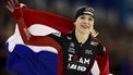 HEERENVEEN - Joy Beune juicht na het winnen van de 1500 meter tijdens de eerste dag van het NK afstanden in Thialf. ANP VINCENT JANNINK