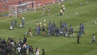 epa12588676 Riot control police are seen after angry Lionel Messi fans turned violent, throwing bottles and chairs and vandalising hoardings at Salt Lake Stadium in Kolkata, West Bengal, India, 13 December 2025. Following Messi’s brief five-minute appearance, unrest broke out among fans who had paid a significant amount but were unable to see the Argentine football legend.  EPA/PIYAL ADHIKARY