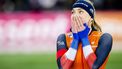 HAMAR - Joy Beune (Nederland) reageert na het winnen van de 1500 meter vrouwen op de laatste dag van het WK afstanden in het Noorse Hamar. ANP SEM VAN DER WAL