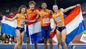 BIRMINGHAM - Terrence Agard, Lieke Klaver, Jonas Phijffers en Myrte van der Schoot tijdens de finale 4x400 mixed relay op de EK atletiek. Het is voor het eerst dat de Europese Kampioenschappen georganiseerd worden in Groot-Brittannië. IRIS VAN DEN BROEK / ANP