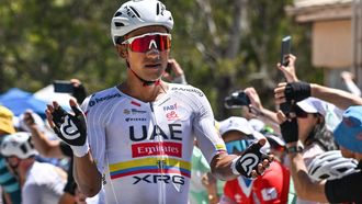 UAE Team Emirates XRG rider Jhonatan Narvaez from Ecuador reacts after winning stage 5 of the Tour Down Under cycling race in Adelaide on January 25, 2025. 
Brenton Edwards / AFP