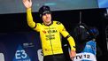 Third placed Team Visma-Lease a Bike's Belgian rider Wout van Aert waves on the podium after the 'E3 Classic' one day cycling race, in Harelbeke, on March 22, 2024. 
JASPER JACOBS / Belga / AFP