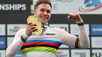 Netherlands' #168 Harrie Lavreysen (gold) pose with his medals during the men's sprint event award ceremony at the 2025 UCI Track World Championships, in the Penalolen Velodrome in Santiago, on October 26, 2025. 
Javier TORRES / AFP