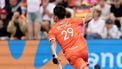 epa12304919 Tijmen Reyenga of Netherlands celebrates after scoring the 1-0 goal during the men’s final match between Netherlands and Germany at the EuroHockey Championships 2025 in Moenchengladbach, Germany, 16 August 2025.  EPA/RONALD WITTEK