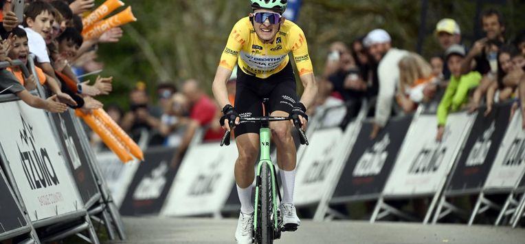 Current overall ranking leader Team Decathlon CMA CGM's French rider Paul Seixas crosses the finish line in first place after the second stage of the Basque Country's Itzulia cycling tour, a 164.1 km race between Pamplona and Mendukilo cave, near Astitz, on April 7, 2026.  French youngster Paul Seixas stretched his overall lead at the Tour of the Basque Country today after a powerful breakaway on the final main climb of the second stage.
ANDER GILLENEA / AFP