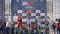 epa12842098 Jeffrey Herlings (L) of Netherlands, Lucas Coenen (c) of Belgium and Tim Gajser (R) of Slovenia celebrate on the podium after the MXGP race at the Motocross World Championship in Almonte, Andalusia, Spain, 22 March 2026.  EPA/ALBERTO DIAZ