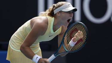 epa11088811 Mirra Andreeva of Russia reacts against Diane Parry of France during the Women's 3rd round match at the Australian Open tennis tournament in Melbourne, Australia, 19 January 2024. .  EPA/MAST IRHAM