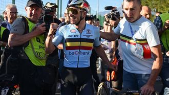 Belgium's rider Remco Evenepoel reacts after winning the men's elite road race of the UEC European Road Cycling Championships in Sencur, near Ljubljana, Slovenia, on October 4, 2026. 
JURE MAKOVEC / AFP