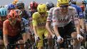 UAE Team Emirates team's Slovenian rider Tadej Pogacar wearing the overall leader's yellow jersey cycles with the pack of riders (peloton) during the 10th stage of the 111th edition of the Tour de France cycling race, 187,3 km between Orleans and Saint-Amand-Montrond, central France, on July 9, 2024. 
Thomas SAMSON / AFP