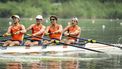 AMSTERDAM - Ruben Knab, Rik Rienks, Niki van Sprang en Ralf Rienks (mannen vierzonder) tijdens een open training van de TeamNL roeiers in WK-formaties op de Amsterdamse Bosbaan. Het team bereidt zich voor op het WK roeien in Belgrado. ANP SANDER KONING