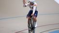 Great Britain's  #121 Matthew Richardson celebrates winning silver in the men's sprint final at the 2025 UCI Track World Championships, in the Penalolen Velodrome in Santiago, on October 26, 2025. 
Javier TORRES / AFP