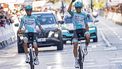 epa11116164 Italian rider Alessandro Tonelli (R) of team VF Group Bardiani-CSF Faizane celebrates with his team-mate Manuele Tarozzi (L) after winning the first stage of the 75th Volta a la Comunitat Valenciana, covering a distance of 167 kilometres from Benicassim to Castellon, Spain, 31 January 2024.  EPA/Andreu Esteban