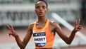 Kenya's Beatrice Chebet celebrates after winning in the women's 3000m final during the IAAF Diamond League athletics meeting at Egret Stadium in Xiamen, in China’s eastern Fujian province on September 2, 2023. 
GREG BAKER / AFP