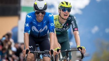 Fourth placed Team Movistar's Spanish rider Enric Mas (L) and fifth placed Bora-Hansgrohe team's Russian rider Aleksandr Vlasov react after crossing the finish line during the fourth stage of the Tour of Romandy UCI cycling World tour, 151.7 km from Saillon to Leysin, western Switzerland, on April 27, 2024. 
Fabrice COFFRINI / AFP