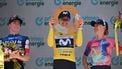 epa12176933 (L-R) Overall second placed FDJ Suez rider Demi Vollering of Netherlands, winner Movistar Team rider Marlen Reusser of Switzerland, and third placed CANYON/Sram rider Katarzyna Niewiadoma of Poland pose on the podium after the fourth and final stage of the Tour de Suisse Women, a 129.4 km race with start and finish in Kuessnacht, Switzerland, 15 June 2025.  EPA/GIAN EHRENZELLER