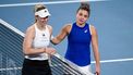 epa11049150 Jasmine Paolini (R) of Italy celebrates the win against Angelique Kerber of Germany during the Group D women's tennis match of the 2024 United Cup at Ken Rosewall Arena in Sydney, Australia, 30 December 2023.  EPA/STEVEN MARKHAM  AUSTRALIA AND NEW ZEALAND OUT