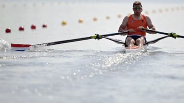 Netherlands' Stef Broenink (FRONT) and Netherlands' Melvin Twellaar compete in the men's double sculls semifinal A/B rowing competition at Vaires-sur-Marne Nautical Centre in Vaires-sur-Marne during the Paris 2024 Olympic Games on July 30, 2024. 
Bertrand GUAY / AFP
