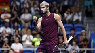 epa12416547 Carlos Alcaraz of Spain celebrates a point against Taylor Fritz of the USA during the final match of the Japan Open tennis tournament at Ariake Colosseum in Tokyo, Japan, 30 September 2025.  EPA/KIYOSHI OTA