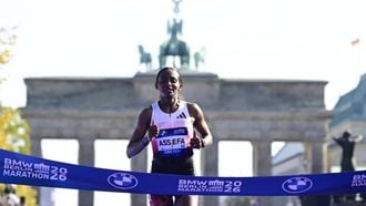 Ethiopia's Tigst Assefa crosses the finish line to win the women's race of 52nd Berlin Marathon in Berlin, Germany on September 27, 2026. Ethiopian runner Tigst Assefa narrowly missed out on breaking the women's world record at the Berlin Marathon on Sunday, crossing the finish line with an injury after being on record pace throughout.
John MACDOUGALL / AFP