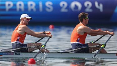 epa11508239 Melvin Twellaar and Stef Broenink of the Netherlands during the Women Double sculls semifinal of the Rowing competitions in the Paris 2024 Olympic Games, at the Vaires-sur-Marne Nautical Stadium in Vaires-sur-Marne, France, 30 July 2024.  EPA/ALI HAIDER