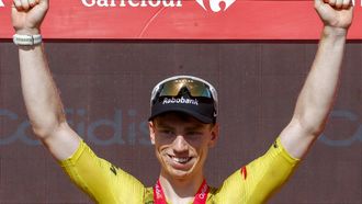epa13222703 British rider Matthew Brennan of Visma-Lease a Bike team celebrates after winning Stage 16 of the Vuelta Ciclista, in La Rabida in the province of Huelva, southern Spain, 08 September 2026. The stage between Cortegana and La Rabida covers 181.1  EPA/Javier Lizon