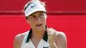 epa12173318 Germany’s Tatjana Maria celebrates a point during her women's singles quarterfinals match against Kazakhstan’s Elena Rybakina at the Queen's Club Championships tennis tournament in London, Britain, 13 June 2025.  EPA/ANDY RAIN