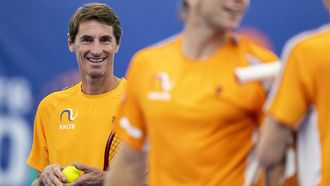 2023-09-07 10:25:22 AMSTELVEEN - Captain Paul Haarhuis tijdens de training voorafgaand aan het vertrek van het TeamNL Davis Cupteam naar Split in aanloop naar de wedstrijd tegen Finland. ANP SANDER KONING
