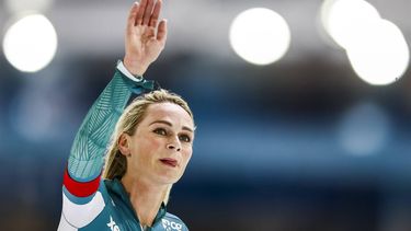 HEERENVEEN - Irene Schouten reageert na de 5.000m dames in ijsstadion Thialf. Het langebaanseizoen start met dit driedaagse kwalificatietoernooi voor de wereldbeker. ANP VINCENT JANNINK