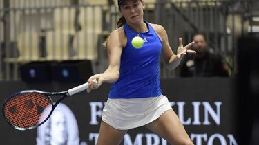 2023-11-10 10:41:07 Slovenia's Kaja Juvan returns the ball to Kazakhstan's Anna Danilina during the group stage group B singles tennis match between Kazakhstan and Slovenia on the day 4 of the Billie Jean King Cup Finals 2023 in La Cartuja stadium in Seville on November 10, 2023. 
CRISTINA QUICLER / AFP