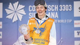 epa11238842 Liam Brearley of Canada reacts on the podium after the Snowboard Slopestyle Worldcup finals on Corvatsch mountain, Silvaplana, Switzerland, 23 March 2024.  EPA/MAYK WENDT