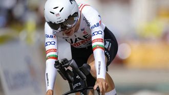 UAE Team Emirates team's Portuguese rider Joao Almeida cycles past the finish line of the 7th stage of the 111th edition of the Tour de France cycling race, 25,3 km individual time trial between Nuits-Saint-Georges and Gevrey-Chambertin, on July 5, 2024. 
Thomas SAMSON / AFP