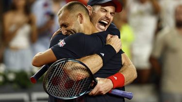 epa11510531 Andy Murray (R) and Daniel Evans of Britain celebrate winning the second round match between Britain and Belgium at the Tennis competitions in the Paris 2024 Olympic Games, at the Roland Garros in Paris, France, 30 July 2024.  EPA/RITCHIE B. TONGO