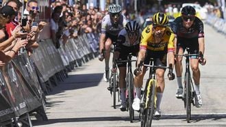 2023-08-17 18:52:02 epa10804402 Slovenian rider Primoz Roglic (C) of Jumbo-Visma team wins the 3rd stage of Vuelta a Burgos Cycling Tour, of 183km from Sargentes de la Lora to Villarcayo, in Burgos, Spain, 17 August 2023. Vuelta a Burgos Cycling Tour runs from 15 to 19 August.  EPA/Santi Otero