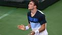 Britain's Jack Draper reacts after winning the men’s singles semi-final tennis match against Spain's Carlos Alcaraz at the BNP Paribas Open at the Indian Wells Tennis Garden in Indian Wells, California, on March 15, 2025. 
Patrick T. Fallon / AFP