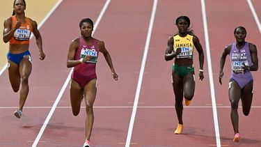 2023-08-24 19:52:15 (From L to R) Netherlands' Tasa Jiya, USA's Gabrielle Thomas, Jamaica's Natalliah Whyte and Britain's Dina Asher-Smith compete in the women's 200m semi-final during the World Athletics Championships at the National Athletics Centre in Budapest on August 24, 2023. 
Attila KISBENEDEK / AFP